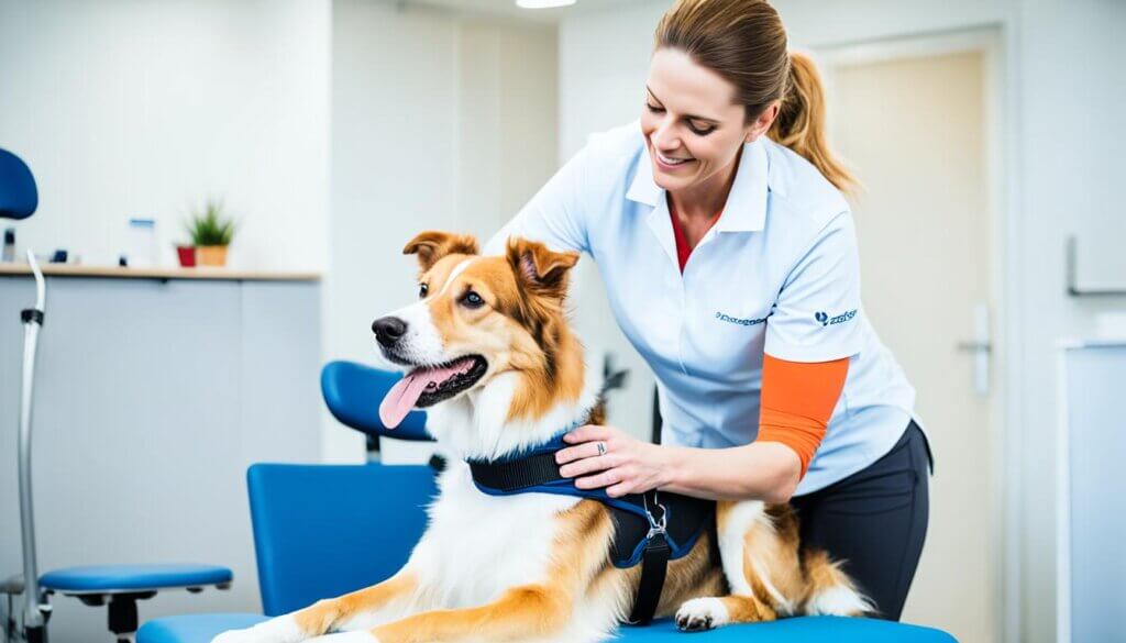 Großer Hund wird von einer Hundephysiotherapeutin massiert