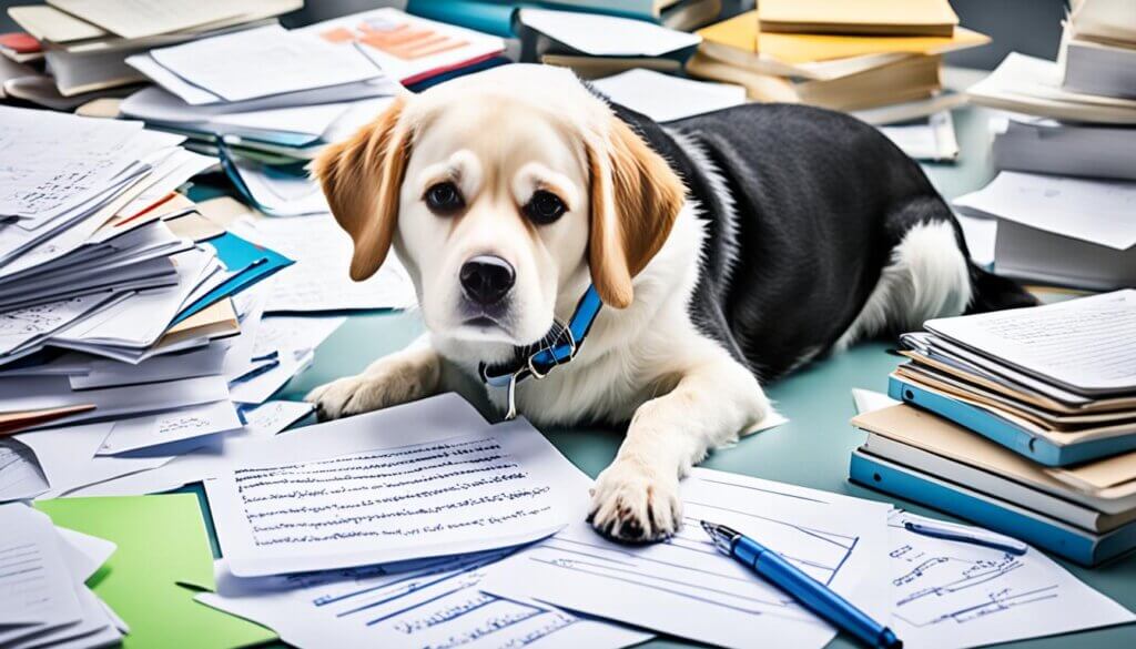 Hund auf einem Schreibtisch inmitten von Büchern